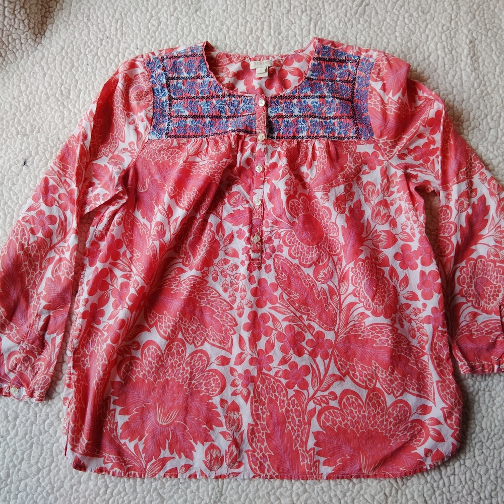 J Crew Pink Floral Blouse with blue embroidery pattern